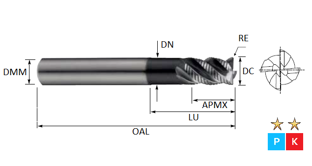 6.0mm 4 Flute (0.5mm Radius) Extended Neck Roughing Pulsar DMX Carbide End Mill (Plain Shank)